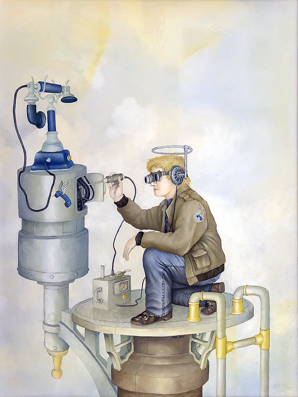 Man in a sort of technicians' outfit, with a strange halo shaped antenna over his head that is attached to a headset covering his eyes and ears. He is probing the inside a machine with one of his tools, and atop this machine is a old style telephone. There is a logo on the side of the machine of a phone handset with angle wings and a halo over it.