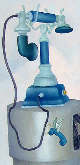 Company logo of an old style phone receiver with a halo and wings