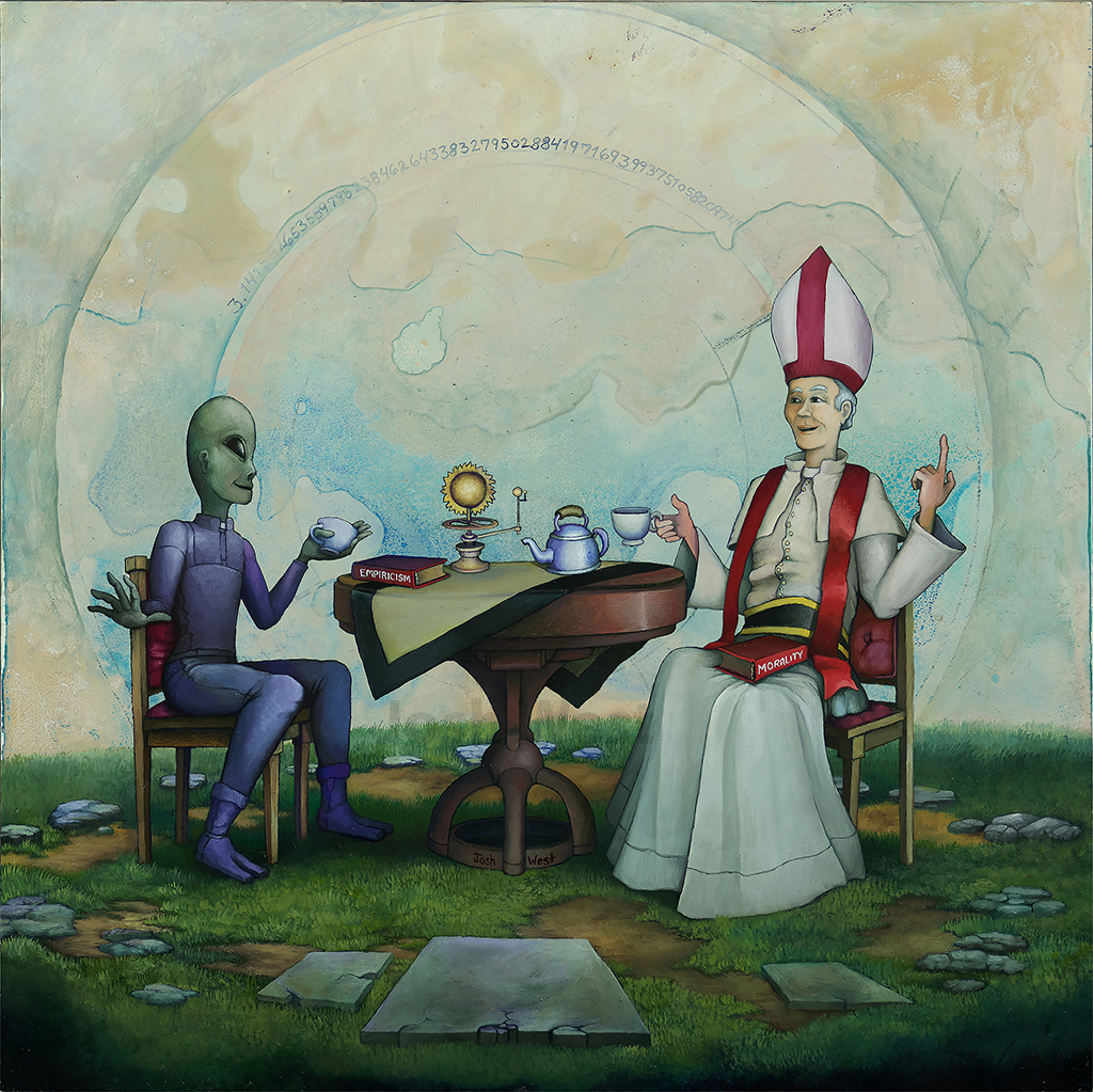 A clergyman of some rank based on the formal attire he is wearing, sitting across from an alien being at a small round table. They are drinking tea and appear to be having a friendly discussion. The clergyman has a book on his lap with the title Morality while the alien has a book titled Empiricism. The alien's attire appears to resemble that of a priest.