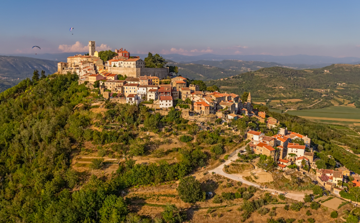 Panoramic arial photograph of Motovun Village in Croatia