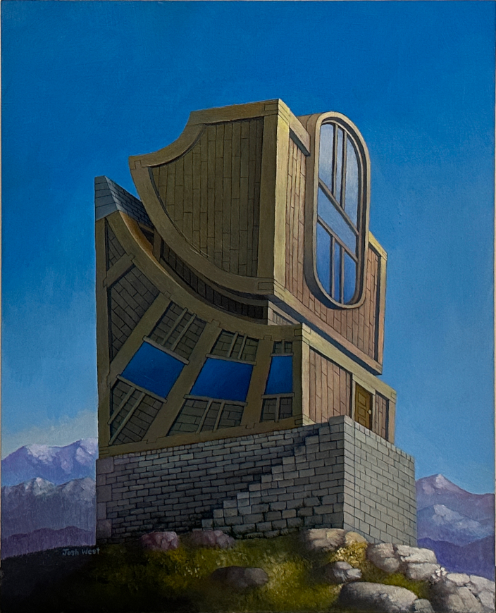 Strange rectangular wooden building with a large oval window on the upper floor.  It is set atop a mountain range.