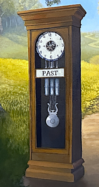 detail of the grandfather clock labeled Past