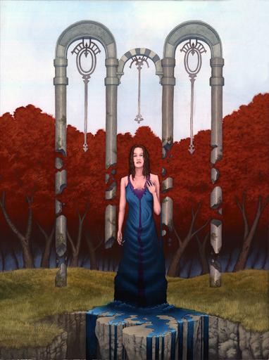 Surreal painting of a woman floating above a hole in the ground, her dress is turning to water and falling into the crevice that has opened directly in front of her. Broken stone arches float in the air behind her.