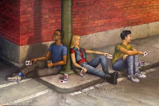 Three figures sitting on a sidewalk near a lamppost, each holding an unopened can of beer and holding a playing card, looking unfocused into the distance as though remembering a fourth person who is not present.