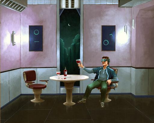 Man sitting alone in a futuristic looking setting, wearing a virtual reality headset, raising a glass of wine as though toasting someone only he can see inside the virtual world.