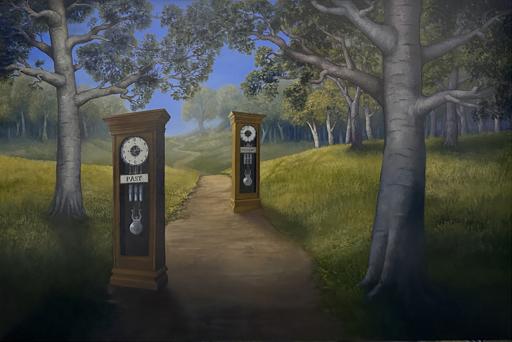 A dirt path winding out from a shadowy forest in the foreground, into the sunlight and over hills in the distance, forests on either side. Two grandfather clocks sit on the path, one with no hands labeled Past and one further along the path labeled Present.