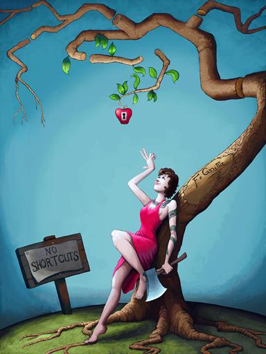 Woman lounging back against a tree, holding an axe in one hand and gesturing up towards an apple hanging from the tree above her. The apple has a keyhole on its side and the branches it hangs from have been severed as though chopped but continue to float. Carved into the tree is Newton's law of gravity.