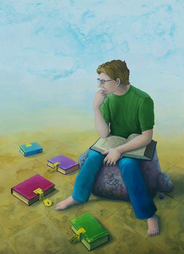 Man sitting alone on a rock with a book open across his lap and wearing a thoughtful expression. Across the ground are other books, each closed and secured with a pad lock to prevent openeing them.