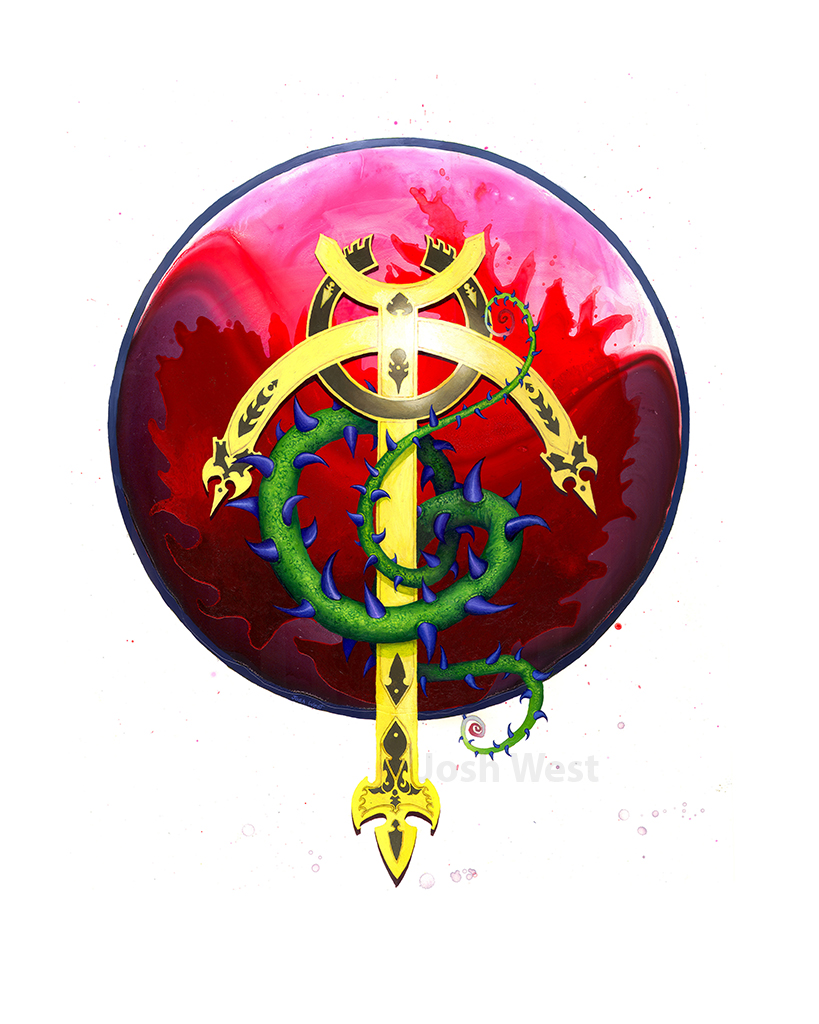 A fantastical looking golden cross like symbol, with a thorny vine entwined around it, is set against a circular background of swirling colors