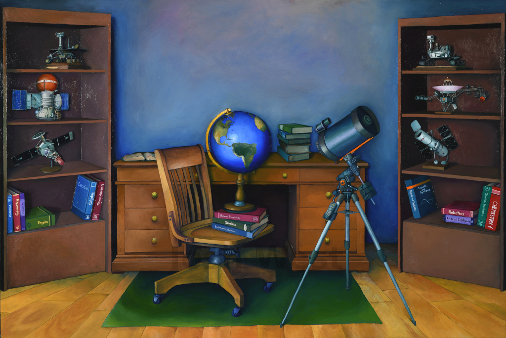 Oil painting of a desk, chair and telescope in the foreground. On the chair are books with titles Human Physiology, Genetics, and Evolutionary Biology, with a large globe of the Earth weighing down on top of them.To either side of the desk are cabinets with models of satellites and Mars rovers along with books on physics and mathematics.