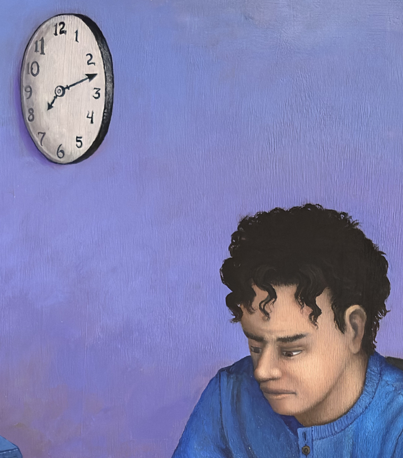 A clock showing almost a quarter past 7 and a look of concentration on the face of the figure in the foreground.