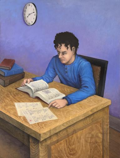 A young college student sitting at a desk with a look of concentration on his face as he is studying an open book on the desk before him. There is also a paper on the desk with a grade of A-. A clock on the wall shows almost a quarter past 7.