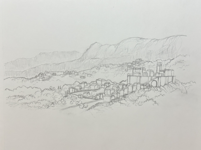 Pencil sketch of a village among trees and hills, the original concept idea for the painting