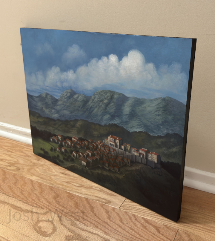 A three-quarters turned view of the physical painting.